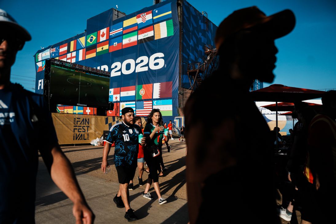 Fans watch the afternoon slate of matches at the Houston Fan Festival which streamed multiple matches of the 2026 FIFA World Cup in Houston, Texas, on June 26.