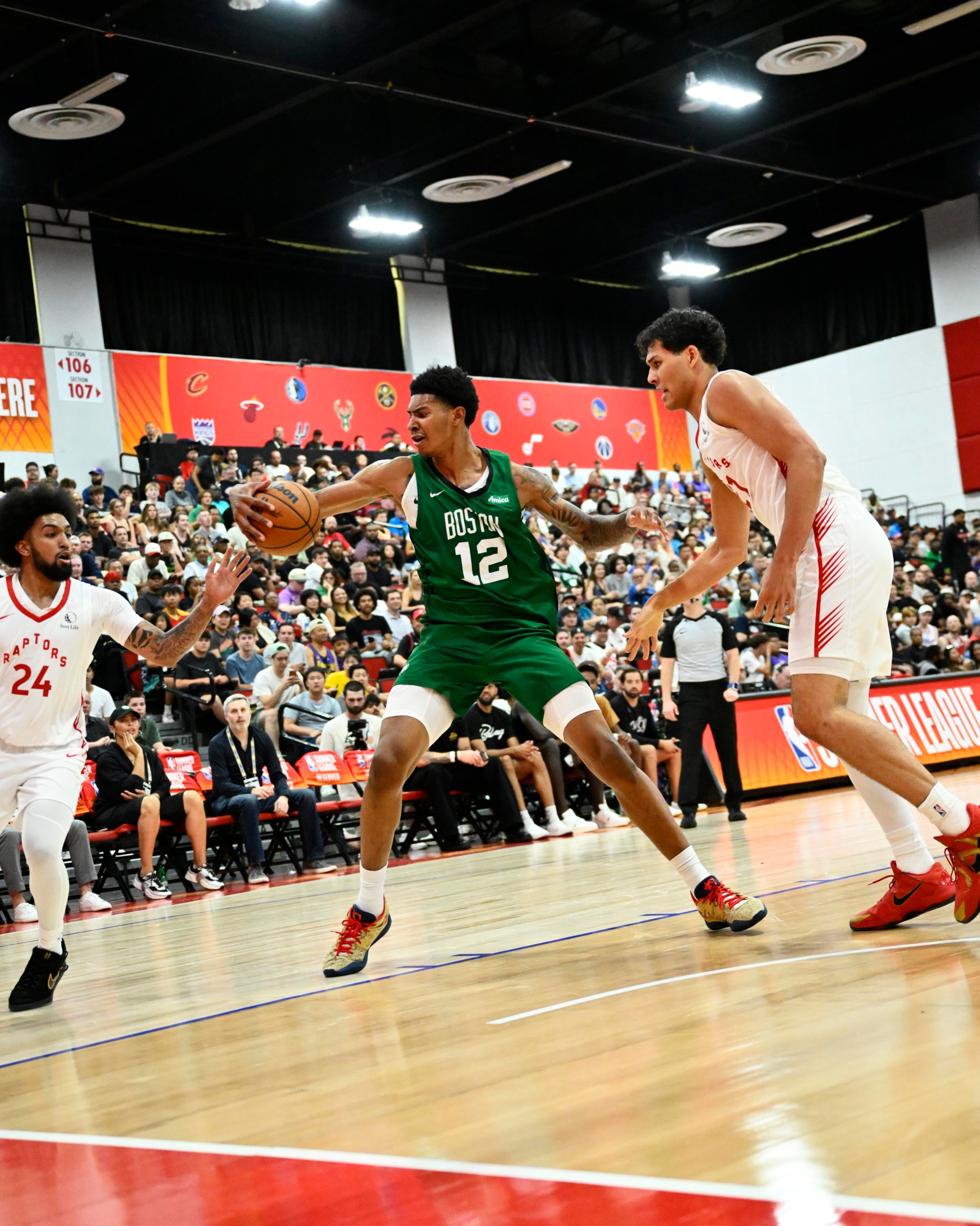 LAS VEGAS, NV - JULY 10: Chris Cenac Jr. #12 of the Boston Celtics handles the ball during the game against the Toronto Raptors on July 10, 2026 at the Thomas & Mack Center in Las Vegas, Nevada. NOTE TO USER: User expressly acknowledges and agrees that, by downloading and or using this Photograph, user is consenting to the terms and conditions of the Getty Images License Agreement. Mandatory Copyright Notice: Copyright 2026 NBAE (Photo by Stephen Greathouse/NBAE via Getty Images)