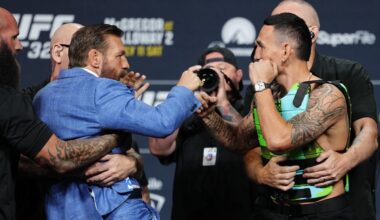 Conor McGregor slams Max Holloway’s glasses to ground in intense UFC 329 staredown