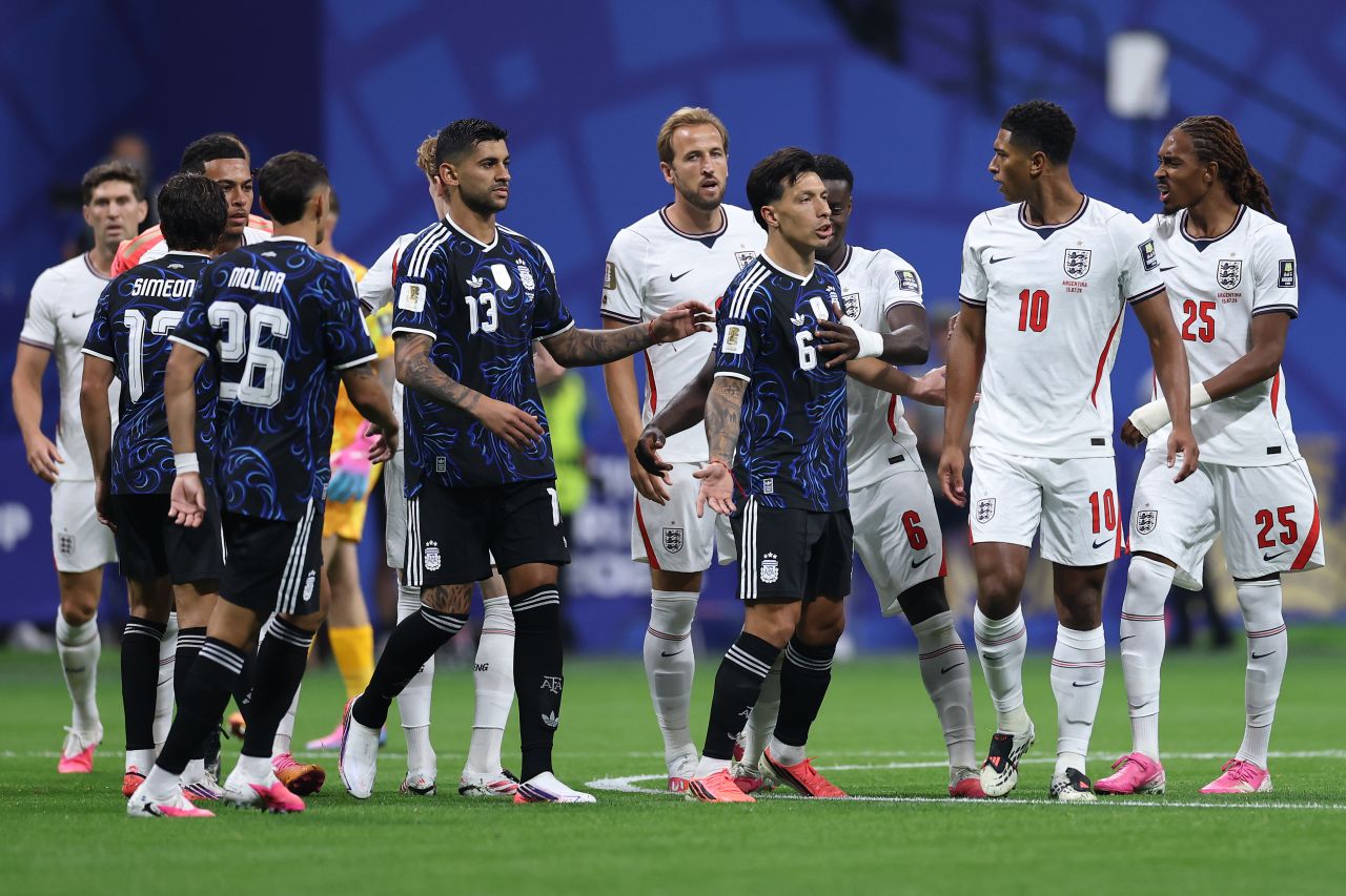 Players argue after a foul in the first half.