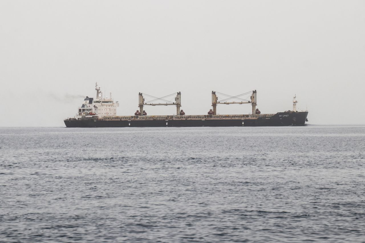 A commercial vessel passes through an international shipping lane off Yemen's Hanish Island in the Red Sea on July 27.