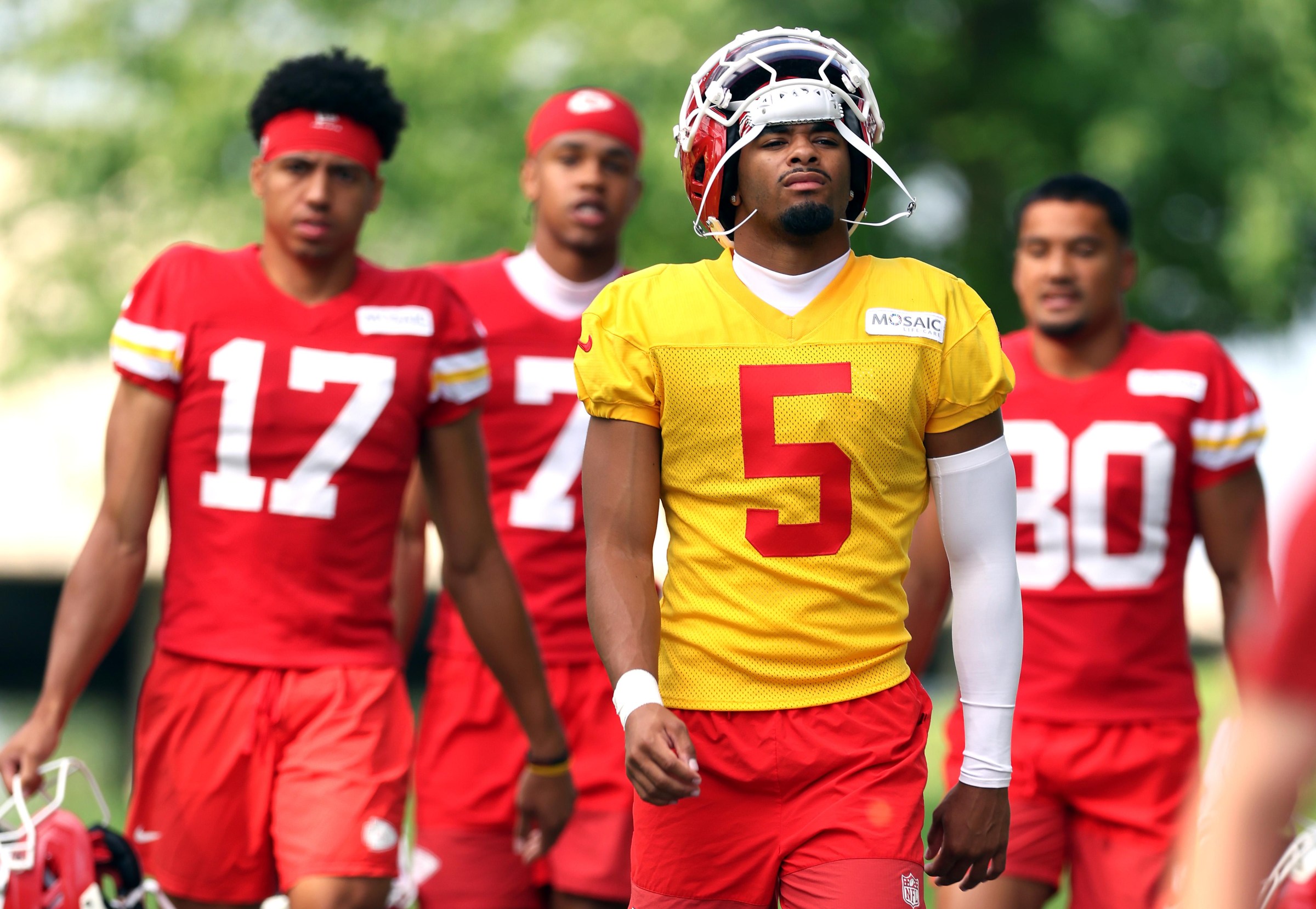 ST JOSEPH, MISSOURI - JULY 25: Cornerback Mansoor Delane #5 walks toward the practice field during Kansas City Chiefs Training Camp at Missouri Western State University on July 25, 2026 in St Joseph, Missouri. (Photo by Jamie Squire/Getty Images)