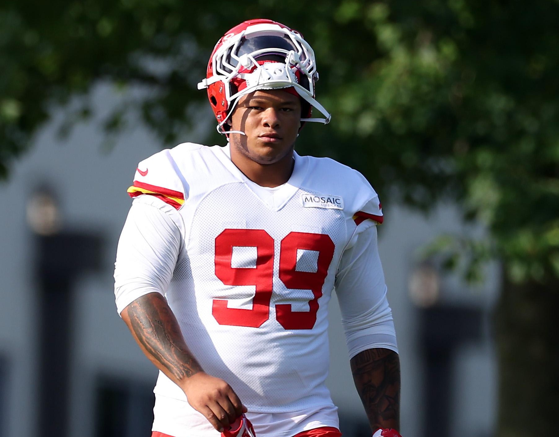 ST JOSEPH, MISSOURI - JULY 25: Peter Woods #99 walks toward the practice field during Kansas City Chiefs Training Camp at Missouri Western State University on July 25, 2026 in St Joseph, Missouri. (Photo by Jamie Squire/Getty Images)