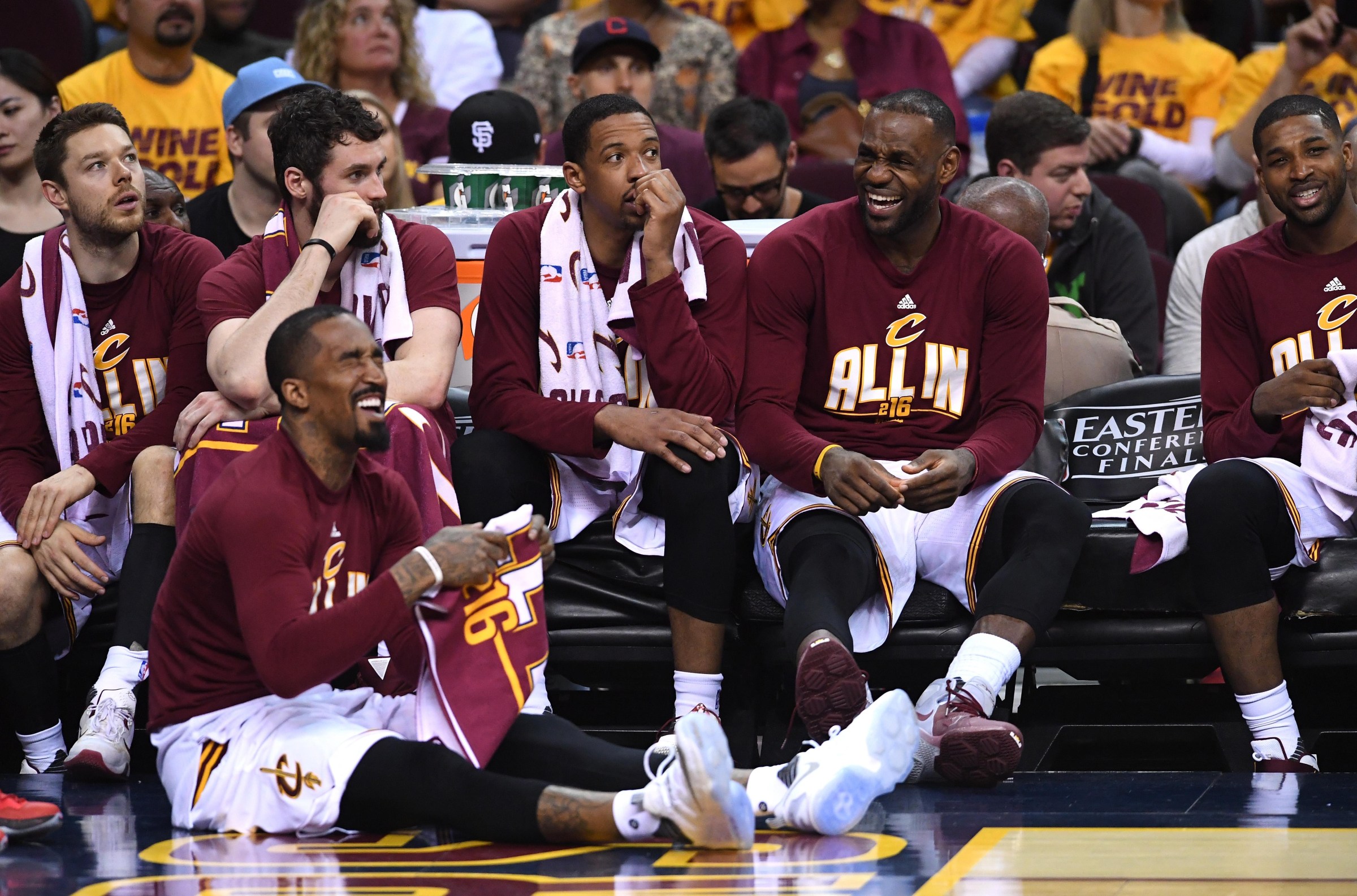 CLEVELAND, OH - MAY 25: J.R. Smith #5, Matthew Dellavedova #8, Kevin Love #0, Channing Frye #9, LeBron James #23 and Tristan Thompson #13 of the Cleveland Cavaliers look on from the bench late in the game against the Toronto Raptors in game five of the Eastern Conference Finals during the 2016 NBA Playoffs at Quicken Loans Arena on May 25, 2016 in Cleveland, Ohio. NOTE TO USER: User expressly acknowledges and agrees that, by downloading and or using this photograph, User is consenting to the terms and conditions of the Getty Images License Agreement. (Photo by Jason Miller/Getty Images)