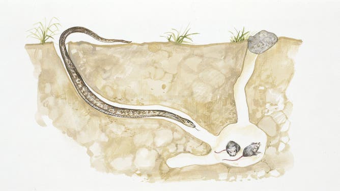 UNSPECIFIED - DECEMBER 10: Smooth snake (Coronella austriaca) slithering into cave with two mice, illustration