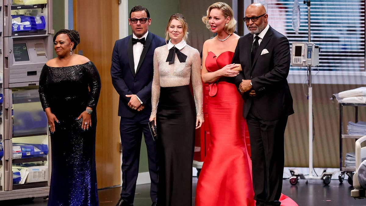 Chandra Wilson, Justin Chambers, Ellen Pompeo, Katherine Heigl and James Pickens Jr. on stage at the Emmy Awards in Los Angeles in January 2024.