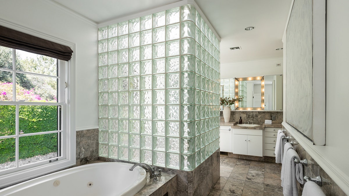 A bathroom features a soaking tub, glass-block shower and double vanity.
