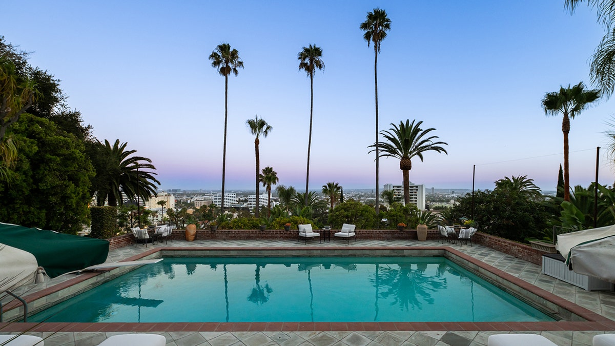 A swimming pool overlooks palm trees and a city skyline at dusk.