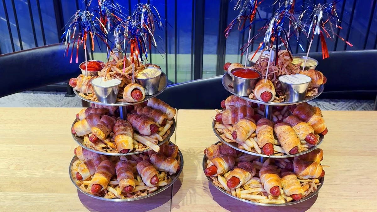 pretzel dog towers side by side at Dave & Buster's