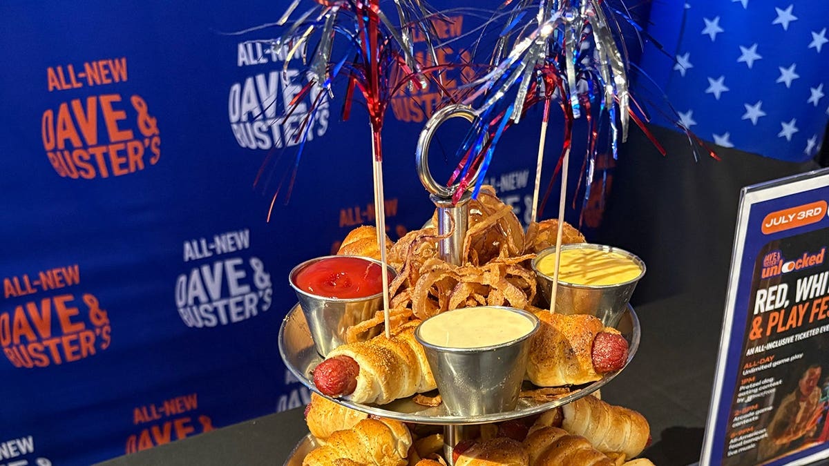 A closer view of the top of the pretzel dog tower at Dave & Buster's