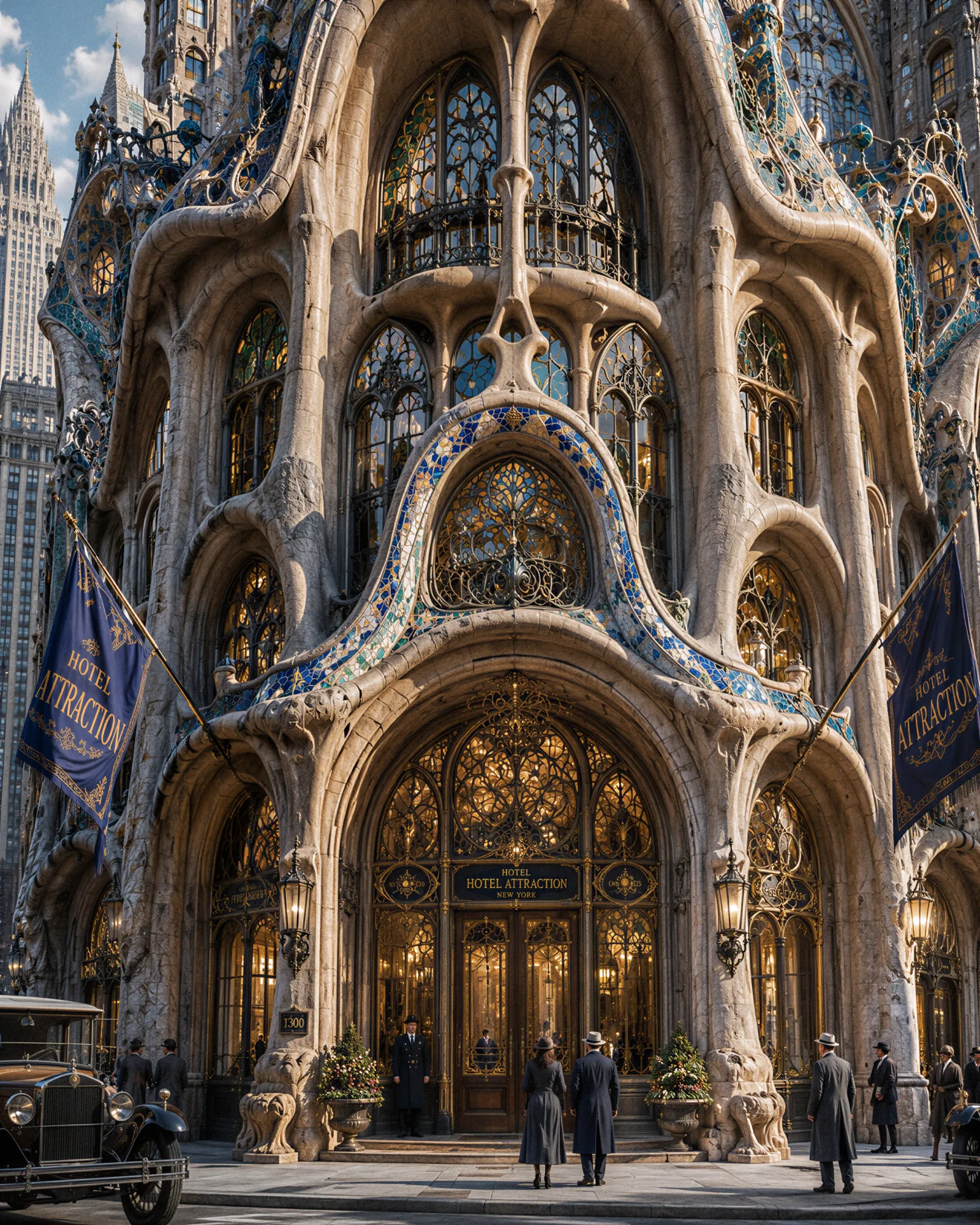 A close-up of the elaborate facade of Gaudí's "Hotel Attraction" tower, as shown in an AI rendering by Thierry Lechanteur.