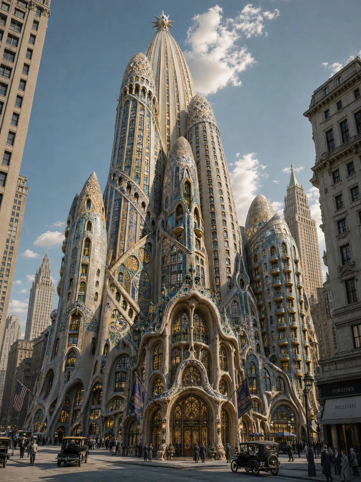 AI renderings of Antoni Gaudí's "Hotel Attraction" skyscraper design for New York City, created by Thierry Lechanteur.