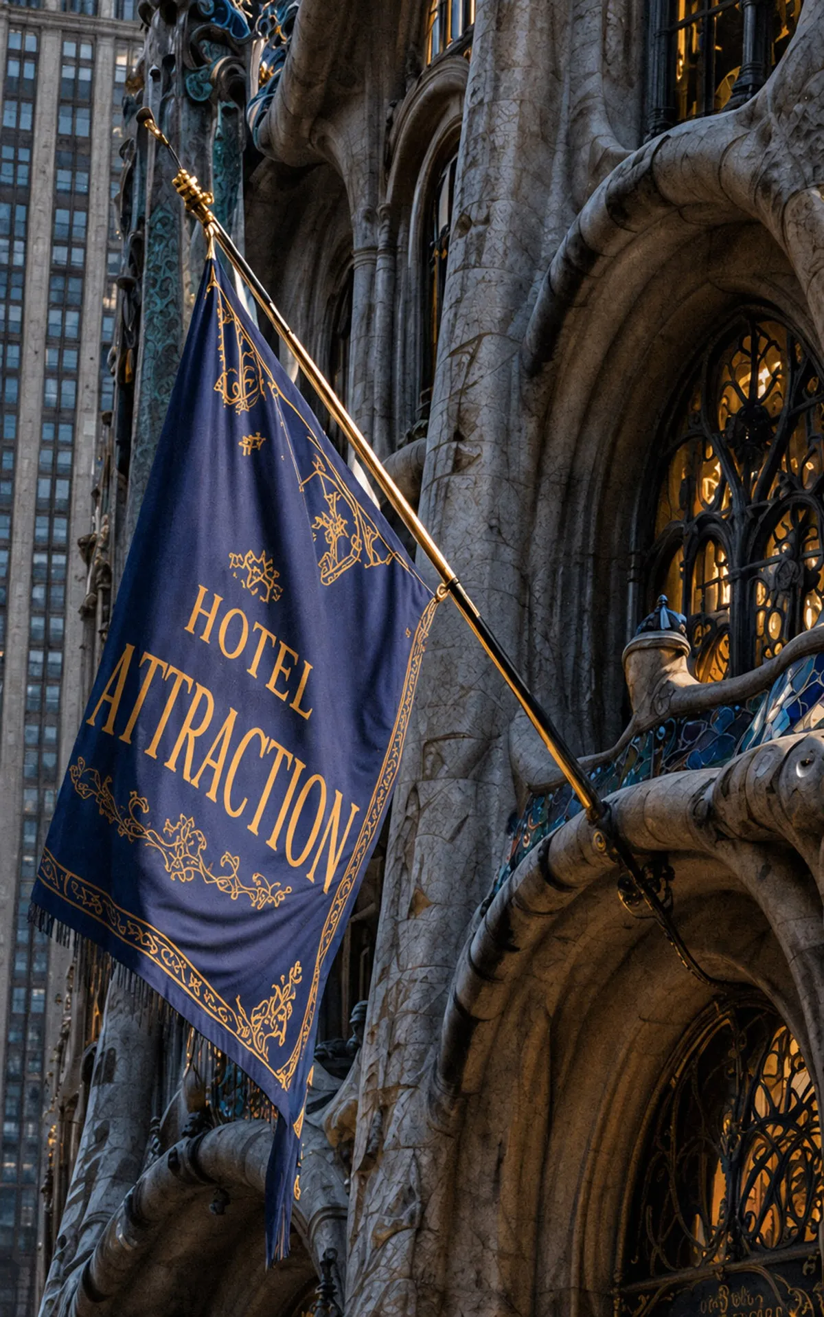 A closeup of the signage on Gaudí's "Hotel Attraction" tower, as shown in an AI rendering by Thierry Lechanteur.