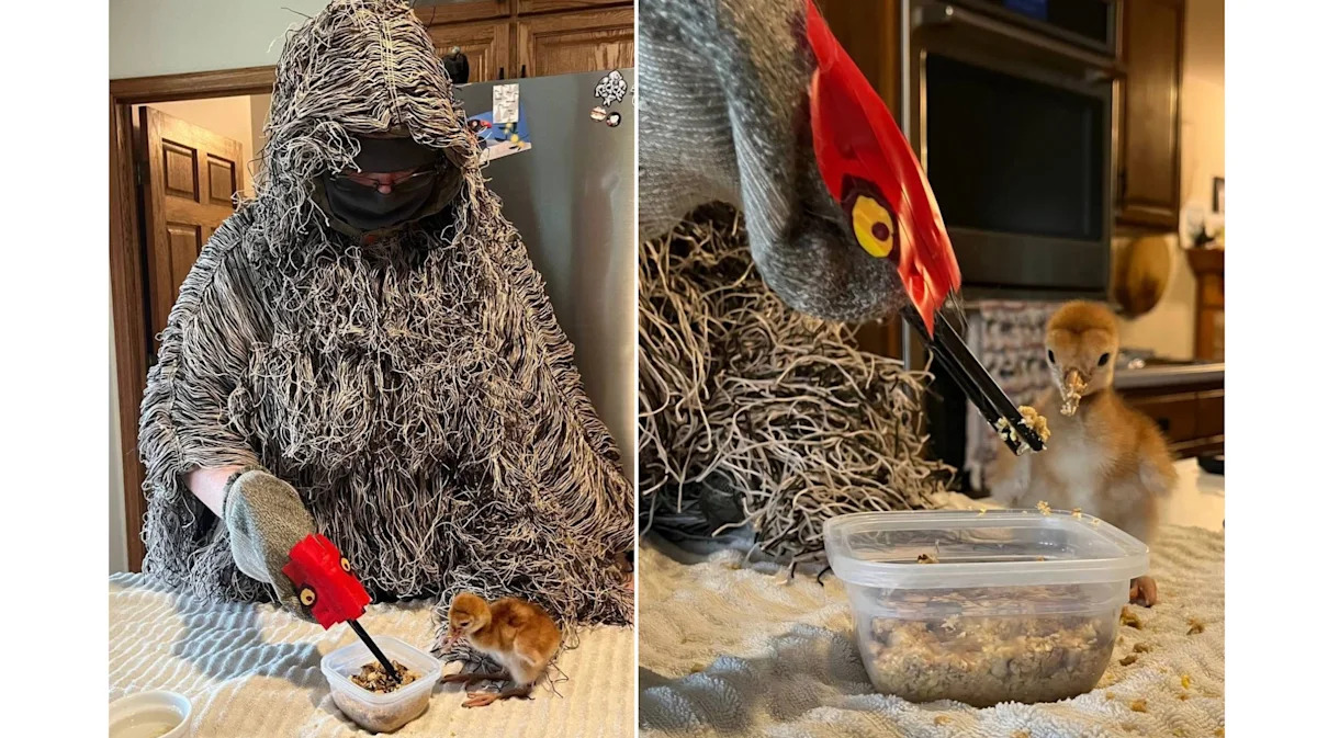 Costumed ‘Ugly Mom’ helps orphaned sandhill cranes