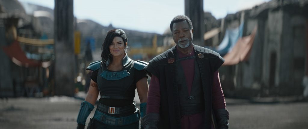 Cara Dune and Greef Karga greet the Mandalorian on Nevarro