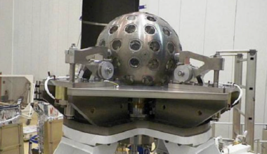 Image of a spherical silver object with regularly spaced features on its surface. It's he'd in a large room by a complicated support structure.