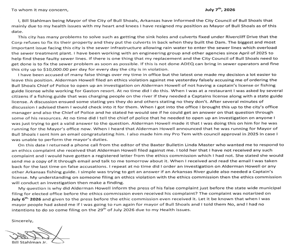 BREAKING NEWS: Another Bull Shoals Resignation; Stahlman Steps Down