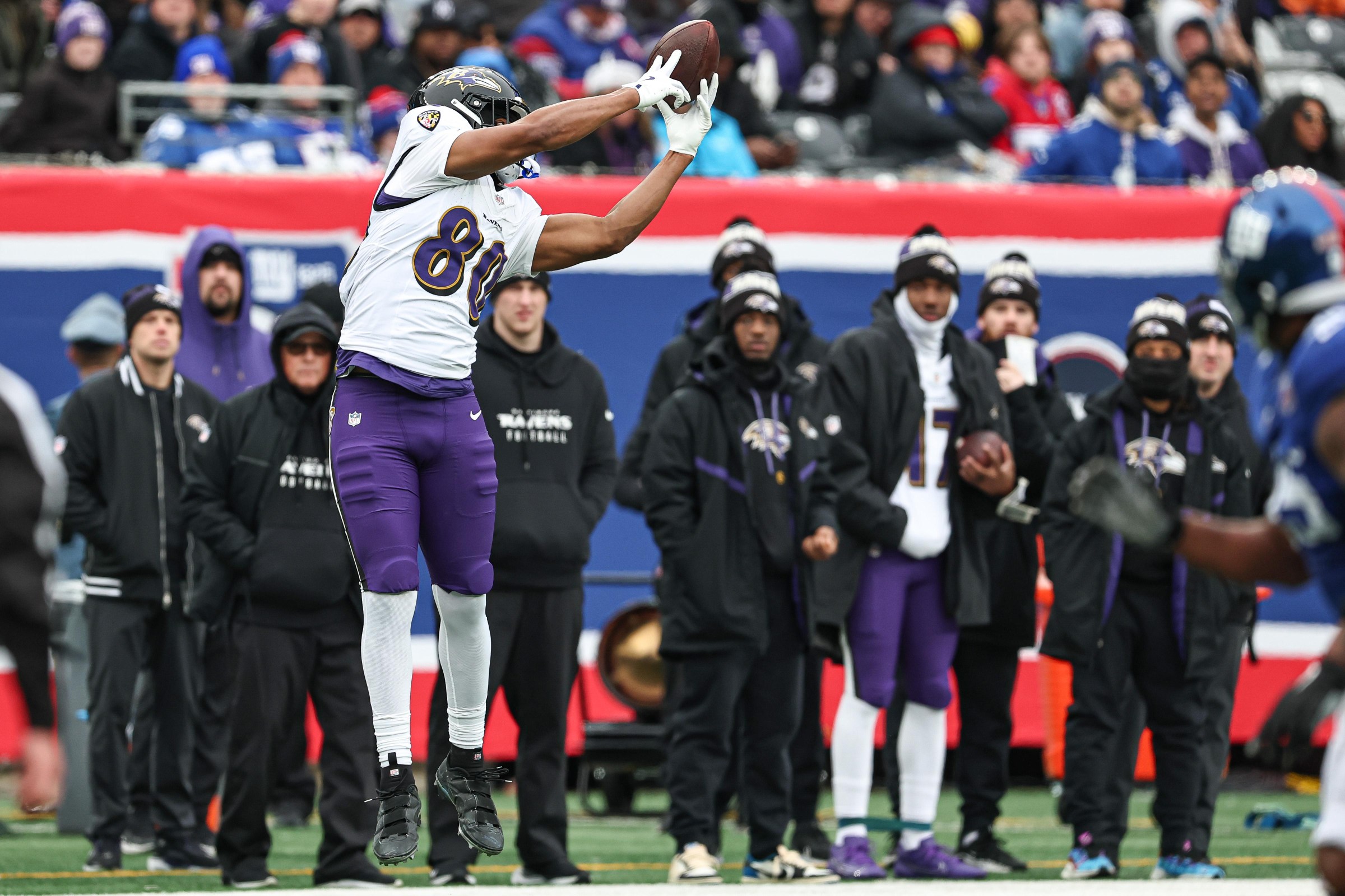 Dec 15, 2024; East Rutherford, New Jersey, USA; Baltimore Ravens tight end Isaiah Likely (80) makes a catch during the first half against the New York Giants at MetLife Stadium. Mandatory Credit: Vincent Carchietta-Imagn Images