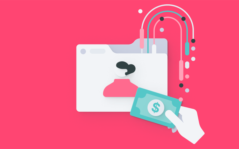 An illustration of a folder of personal data and a dollar bill