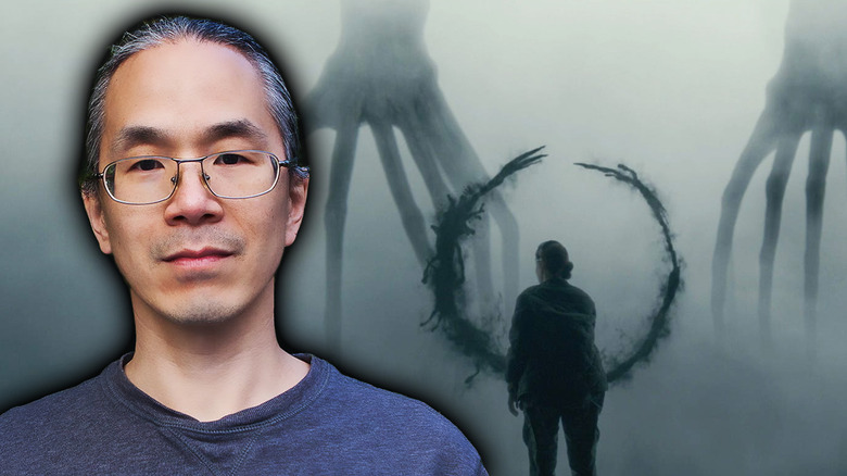 A collage of author Ted Chiang in front of a scene from the movie Arrival