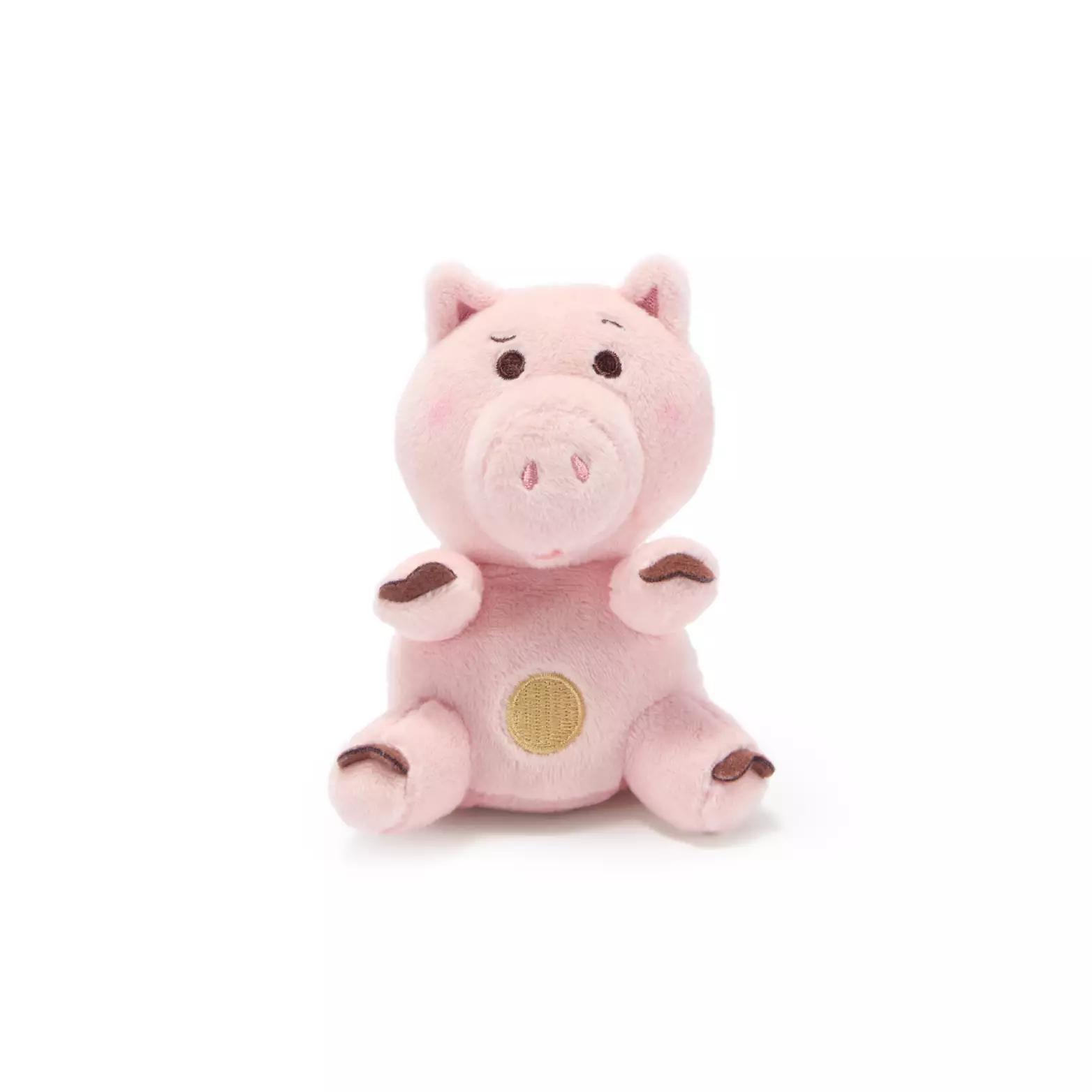 Unlike the other plush, Hamm doesn't stand— he sits. Hamm sits 4" high on his backside, his left eyebrow raised quizzically.