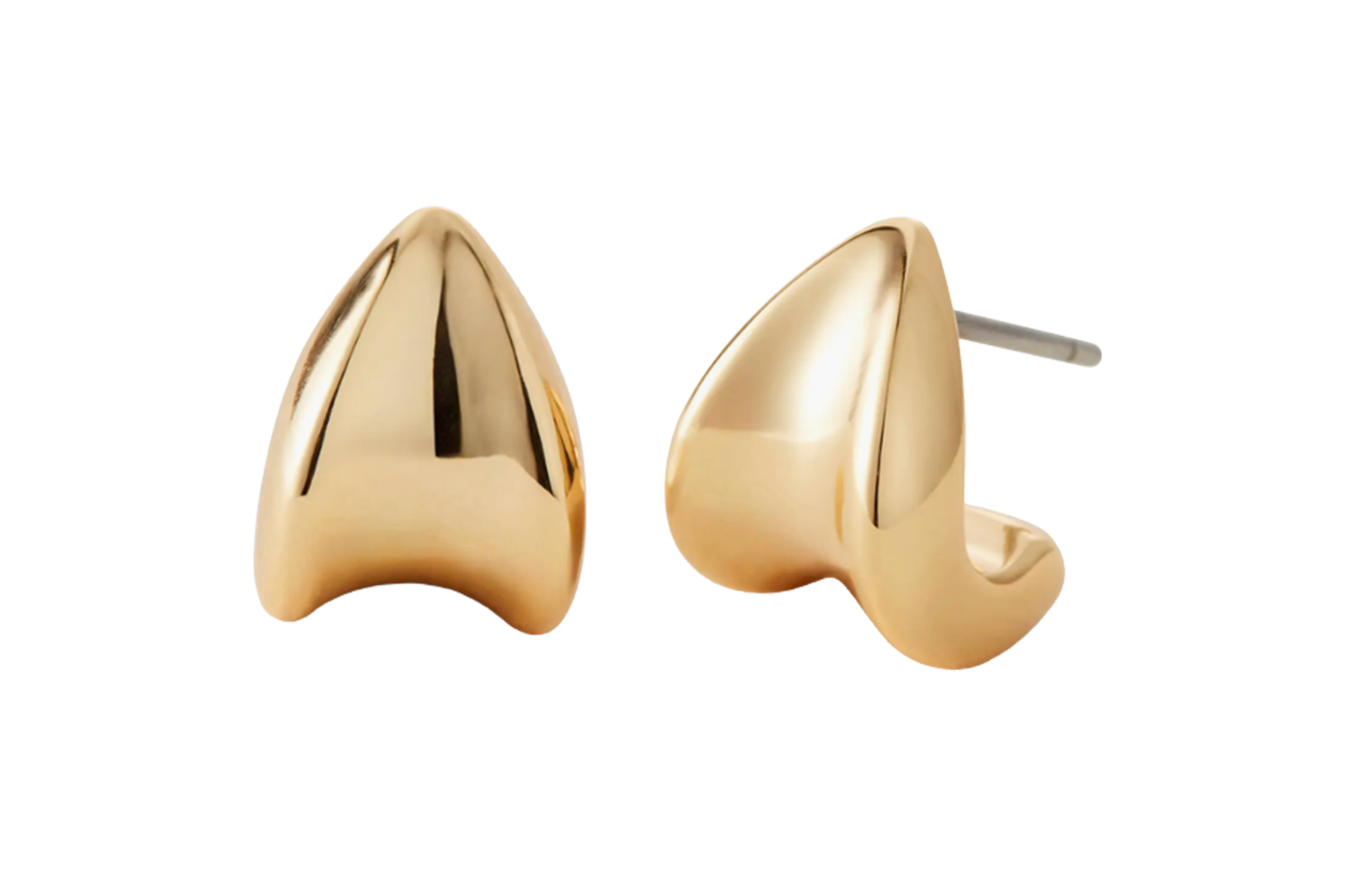 A pair of shiny gold stud earrings with a pointed, curved shape.