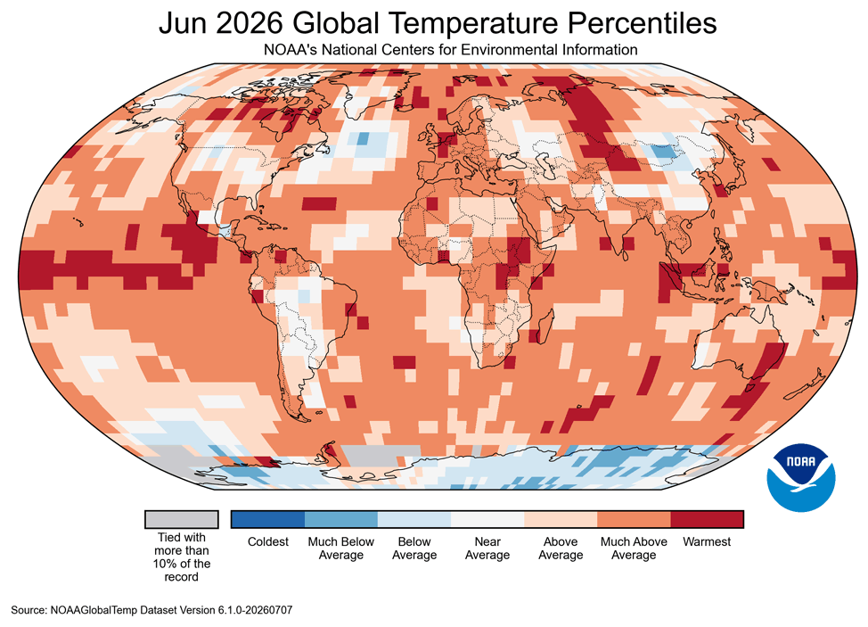 A map showing that most of the globe was much above average temperature in July.