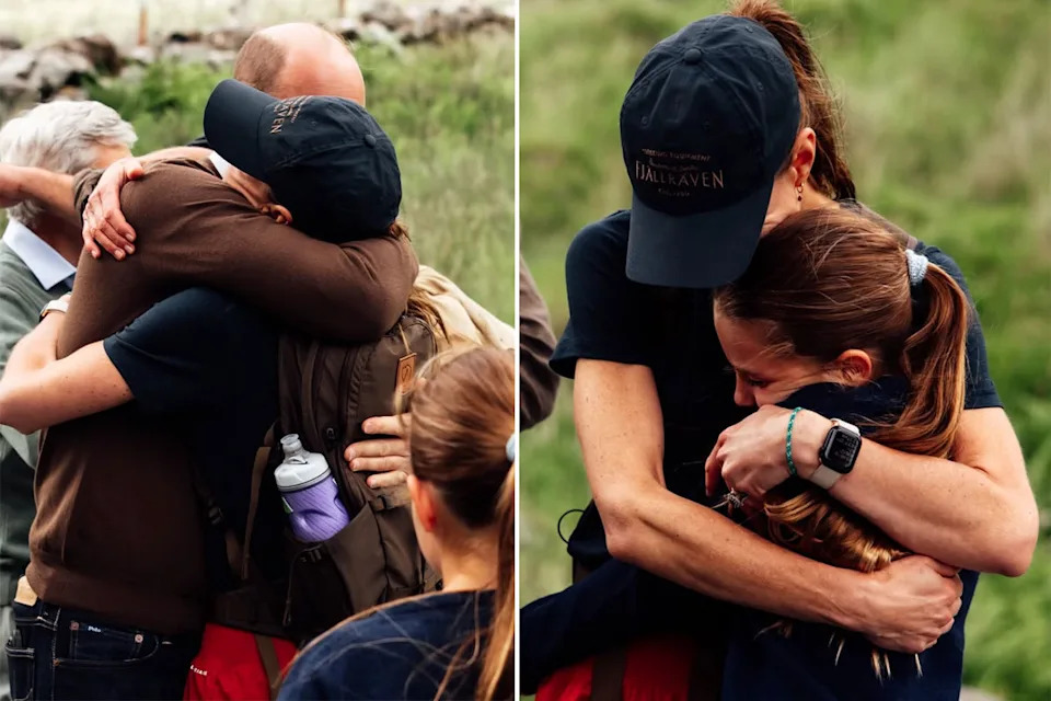 Kate is hugging Prince William and her daughter Charlotte.