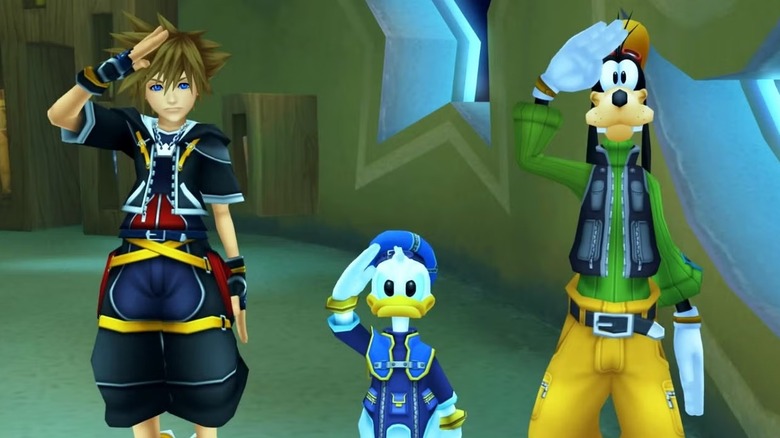 Sora, Donald Duck, and Goofy salute in Kingdom Hearts II
