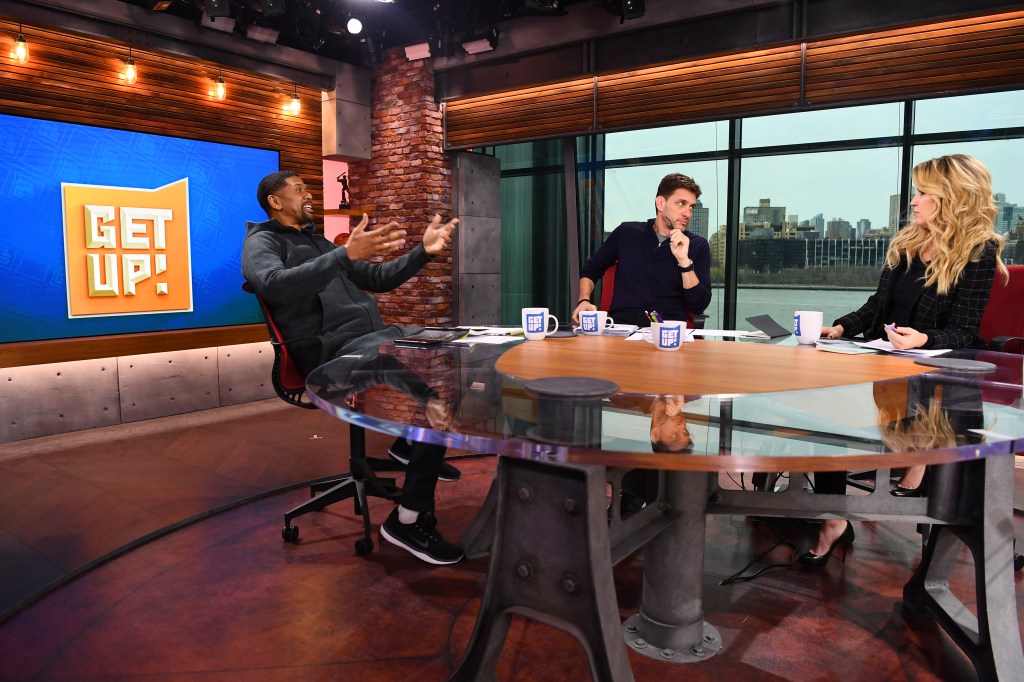 Jalen Rose, Mike Greenberg, and Michelle Beadle on the set of Get Up!