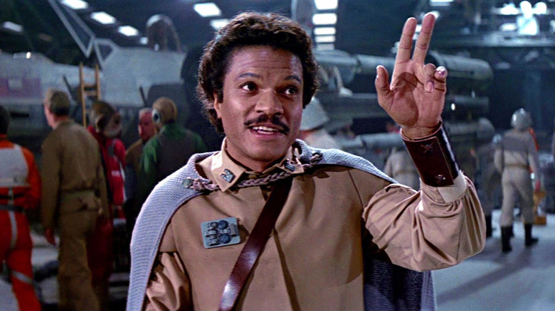 Billy Dee Williams as Lando Calrissian saluting in Star Wars: Return of the Jedi.
