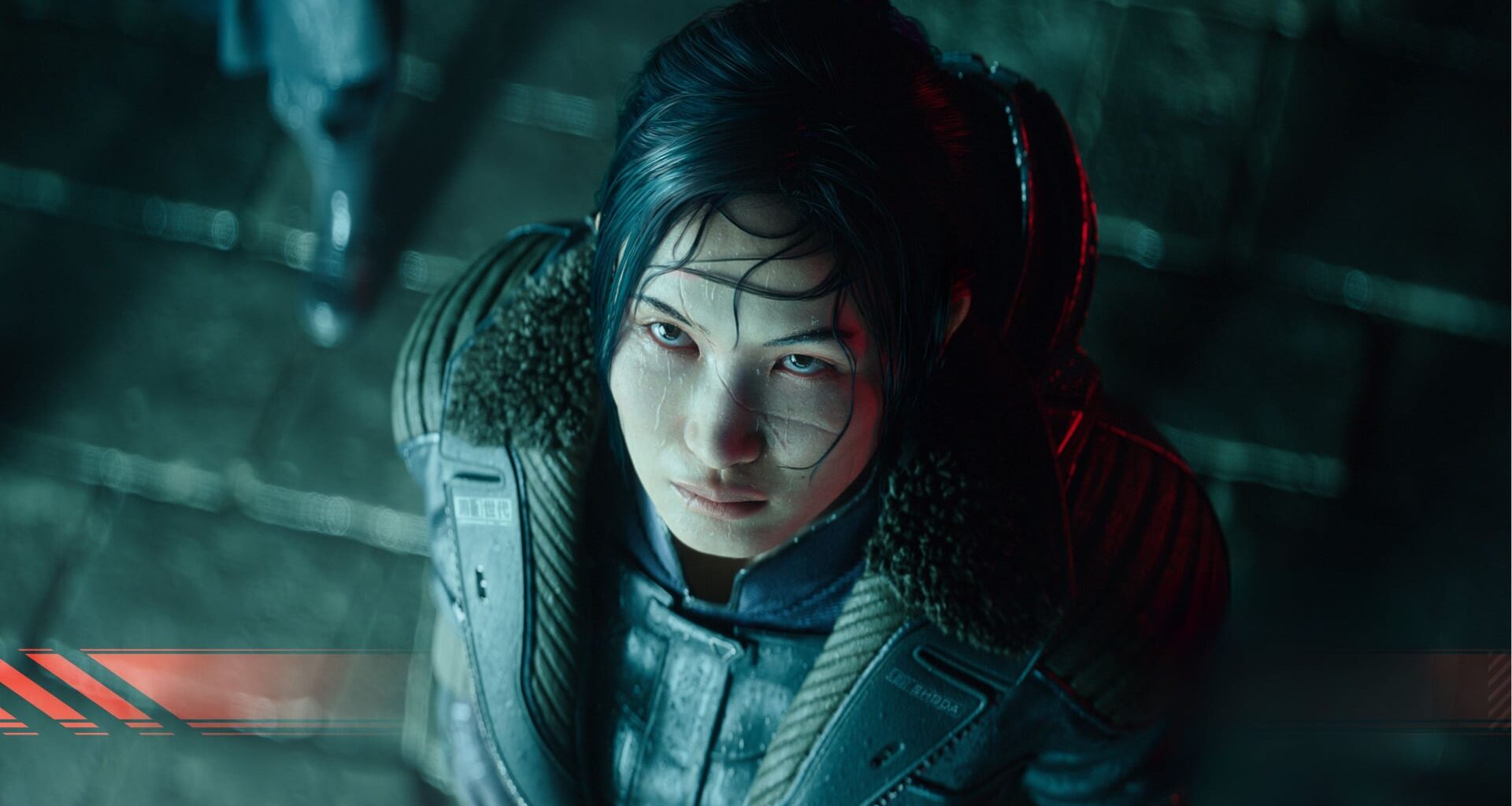 Key art from the Last Sentinel featuring an Asian woman looking up in the rain