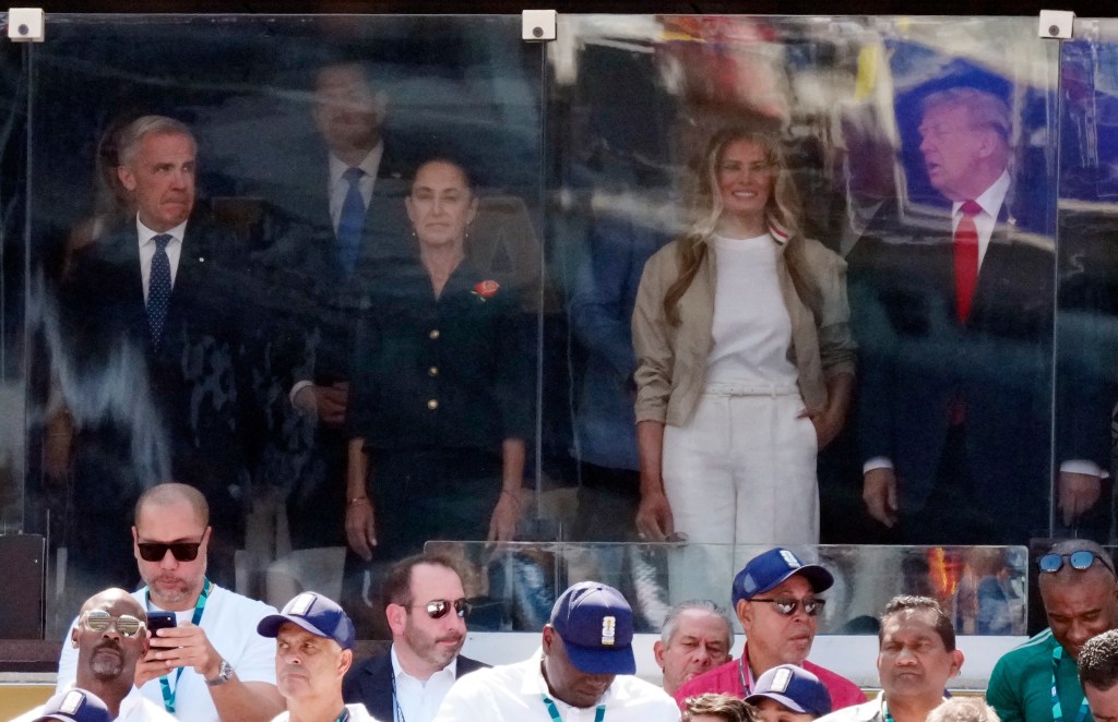 Canadian Prime Minister Mark Carney, Mexico President Claudia Sheinbaum Pardo, First Lady Melania Trump and President Donald Trump, 2026 World Cup Final 