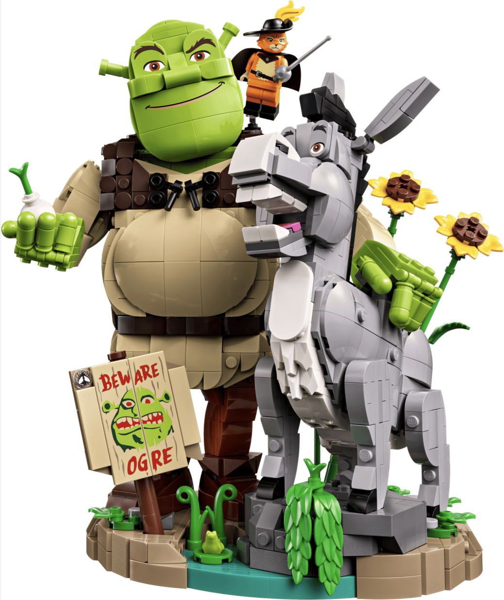 The Puss in Boots minifigure made his debut with the Shrek, Donkey & Puss in Boots set released earlier this summer. While the minifigures are appropriate for ages 6+, the Shrek set is for ages 18+. It has 1,403 pieces.