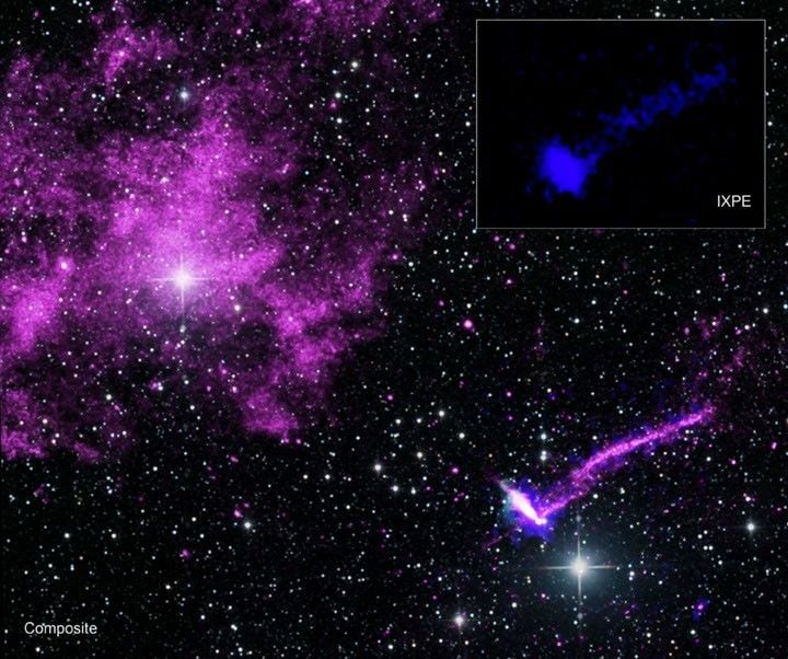 False color image of the Lighthouse Pulsar. Credit : X-ray: Chandra: NASA/CXC/Stanford Univ./J.T. Dinsmore et al.; IXPE: NASA/MSFC/J.T. Dinsmore et al., Radio: CSIRO/ATNF/ATCA; Optical: 2MASS/UMass/IPAC-Caltech/NASA/NSF; Image processing: NASA/CXC/SAO/L. Frattare