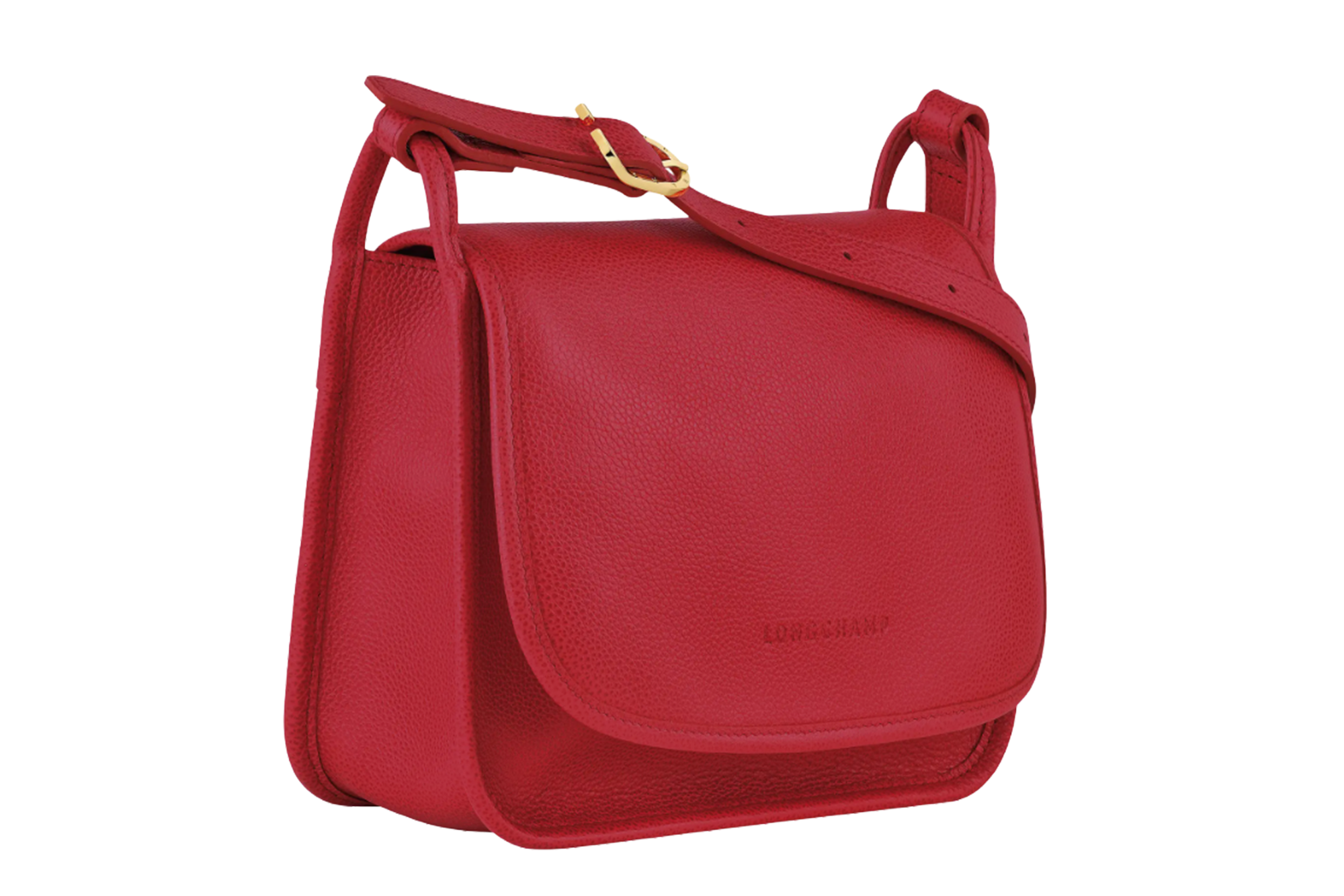 Longchamp red leather crossbody bag with gold buckle.