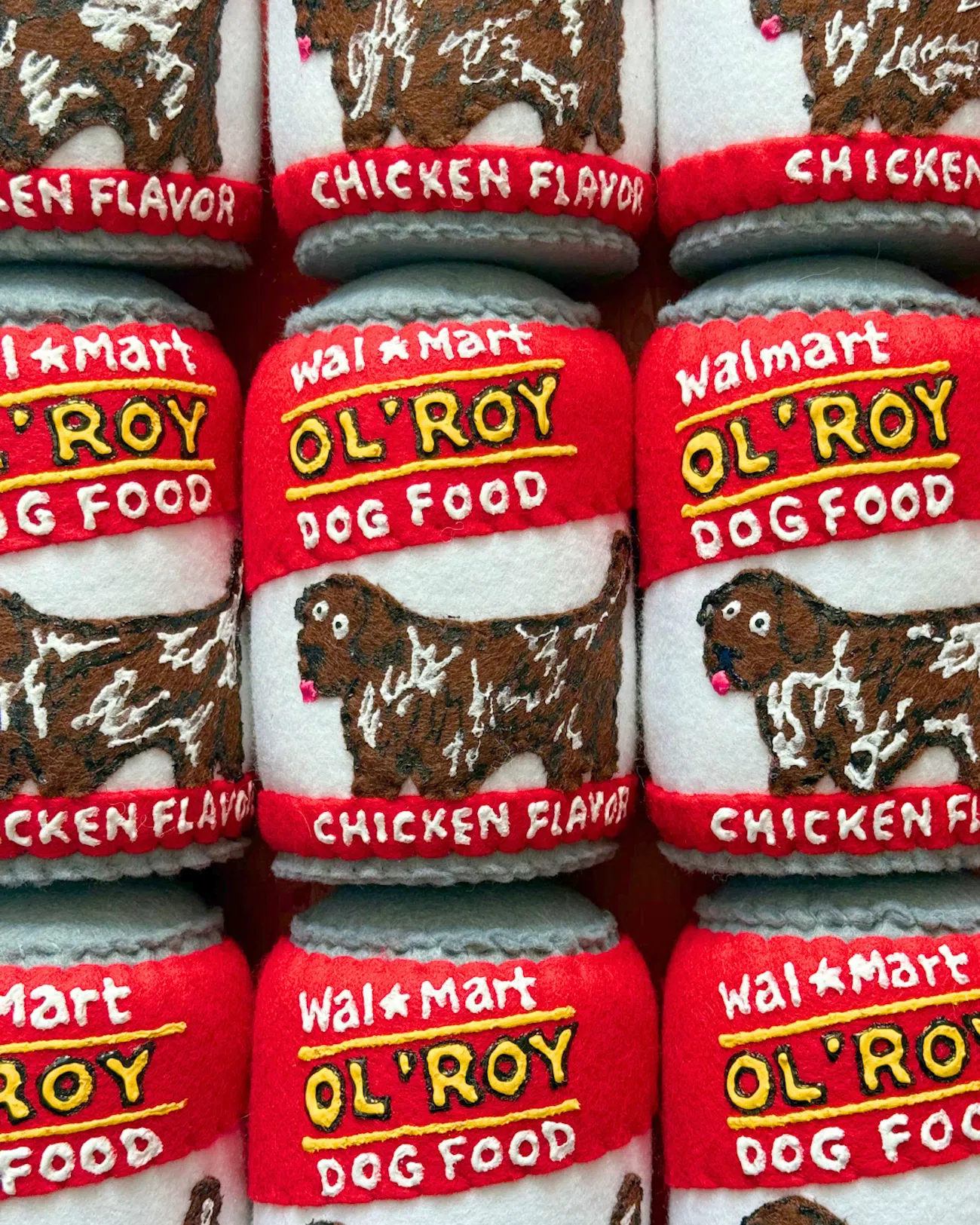Walmar Ol' Roy Dog Food cans reimagined in felt by artist Lucy Sparrow