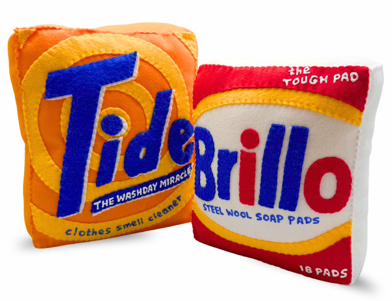 Tide and Brillo packages reimagined in felt by artist Lucy Sparrow