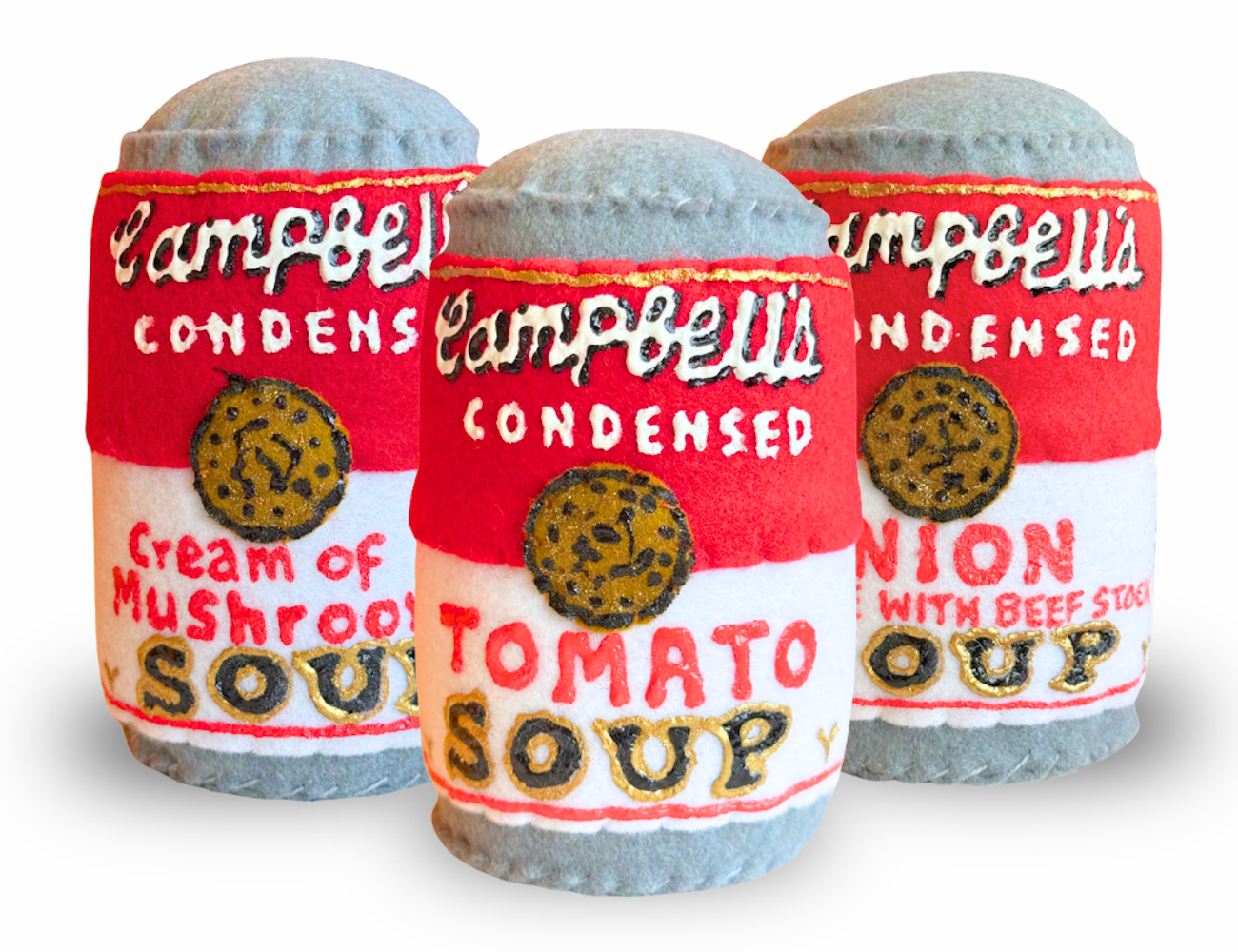Campbell's tomato soup cans reimagined in felt by artist Lucy Sparrow