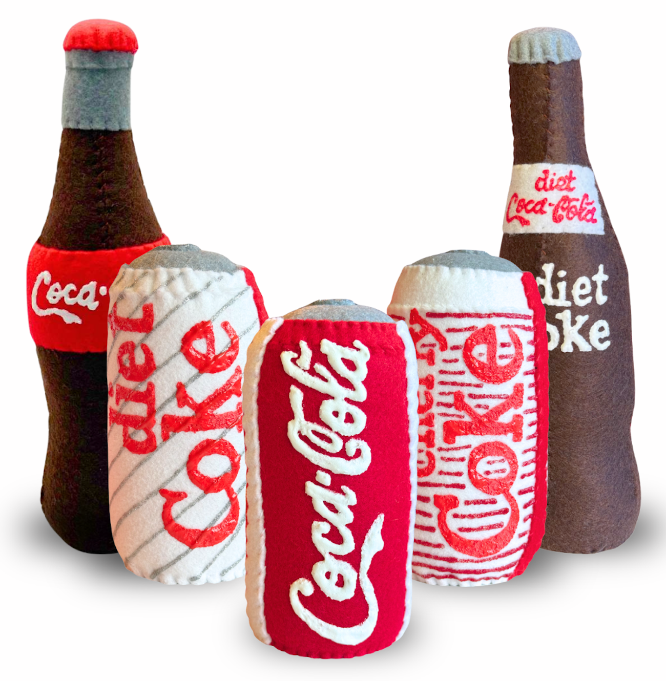Coca-Cola and Diet Coke bottles and cans reimagined in felt by artist Lucy Sparrow