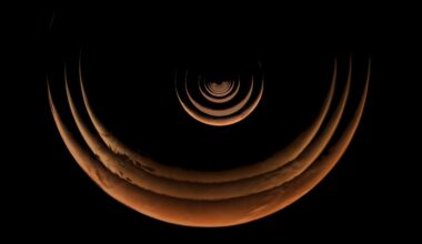 A series of concentric, crescent-shaped orange arcs on a black background, resembling abstract planetary rings or a tunnel of repeating planetary surfaces.