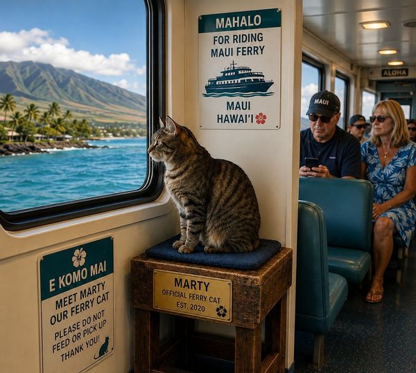 An AI-generated image of a cat sitting on a ferry. The island of Maui is ostensibly visible out the window.