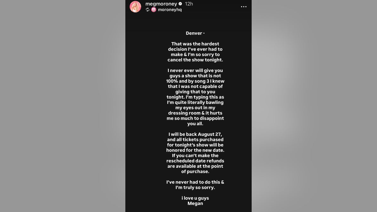 Megan Moroney's Instagram Story displays a text statement announcing the cancellation of a Denver show.