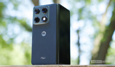 The Motorola Razr Fold standing upright outside.