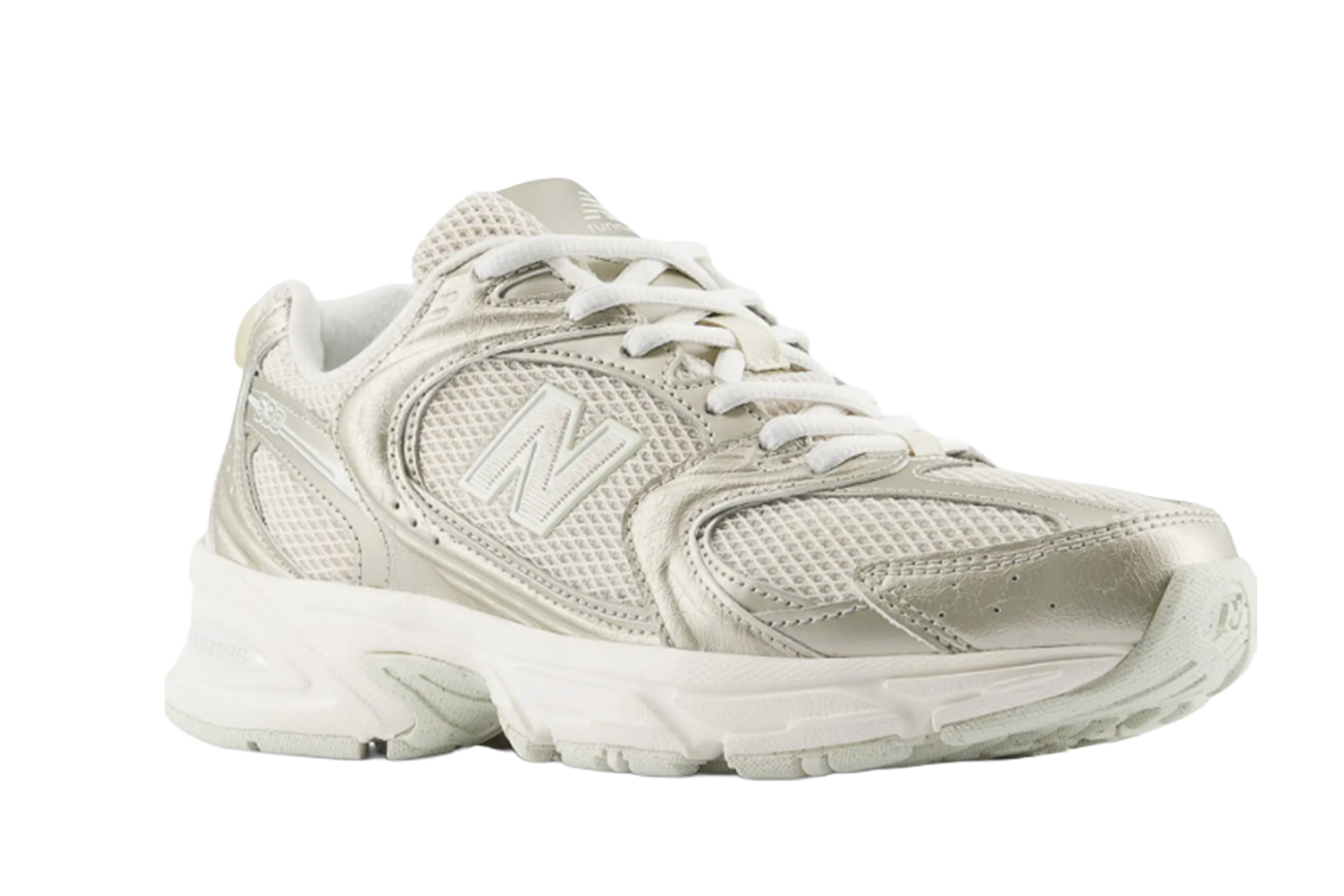 A single silver New Balance 530 sneaker with white laces and sole.