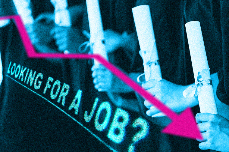 Photo illustration of a row of graduates holding diplomas with an arrow pointing down. Text that reads "Looking for a job?"