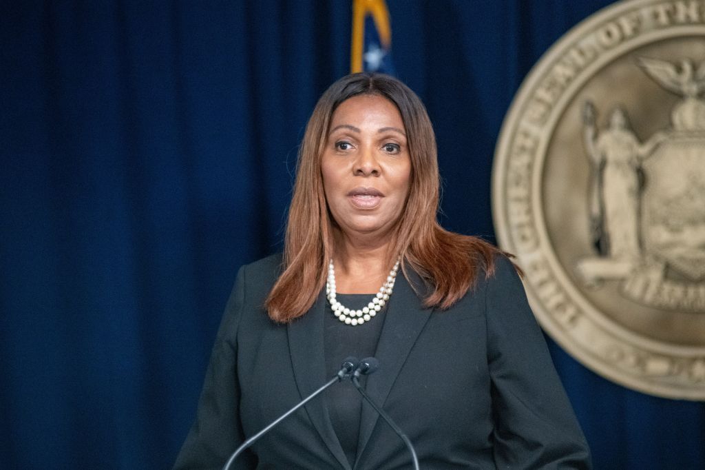 New York Attorney General Letitia James speaking at a press conference.