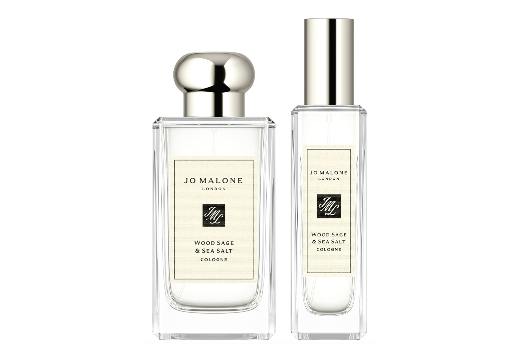 Two Jo Malone Wood Sage & Sea Salt cologne bottles, one larger with a rounded cap and one smaller with a slender cap.