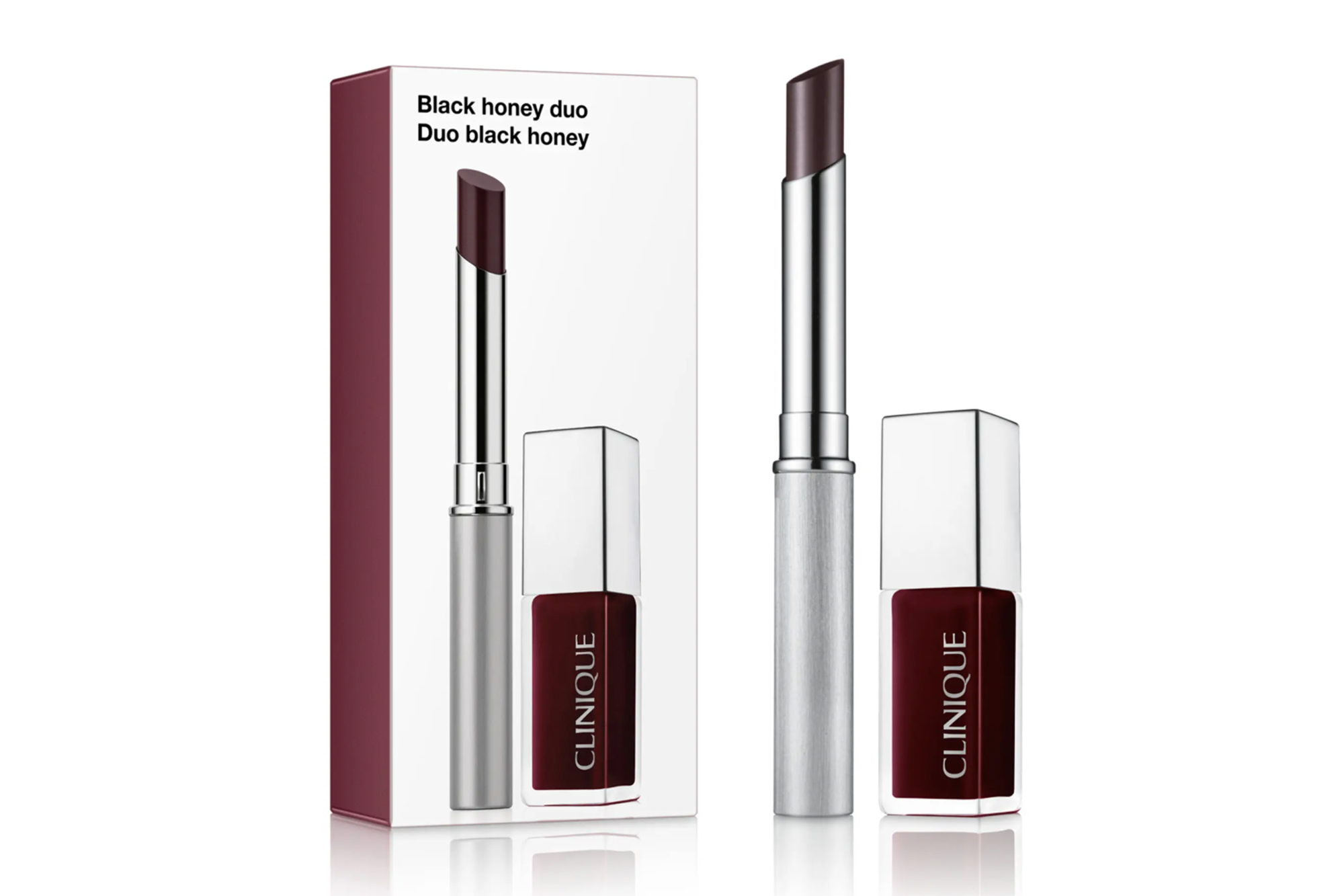 Illustration of a Clinique Black Honey duo, including a lipstick and a liquid lip product, shown next to its packaging.