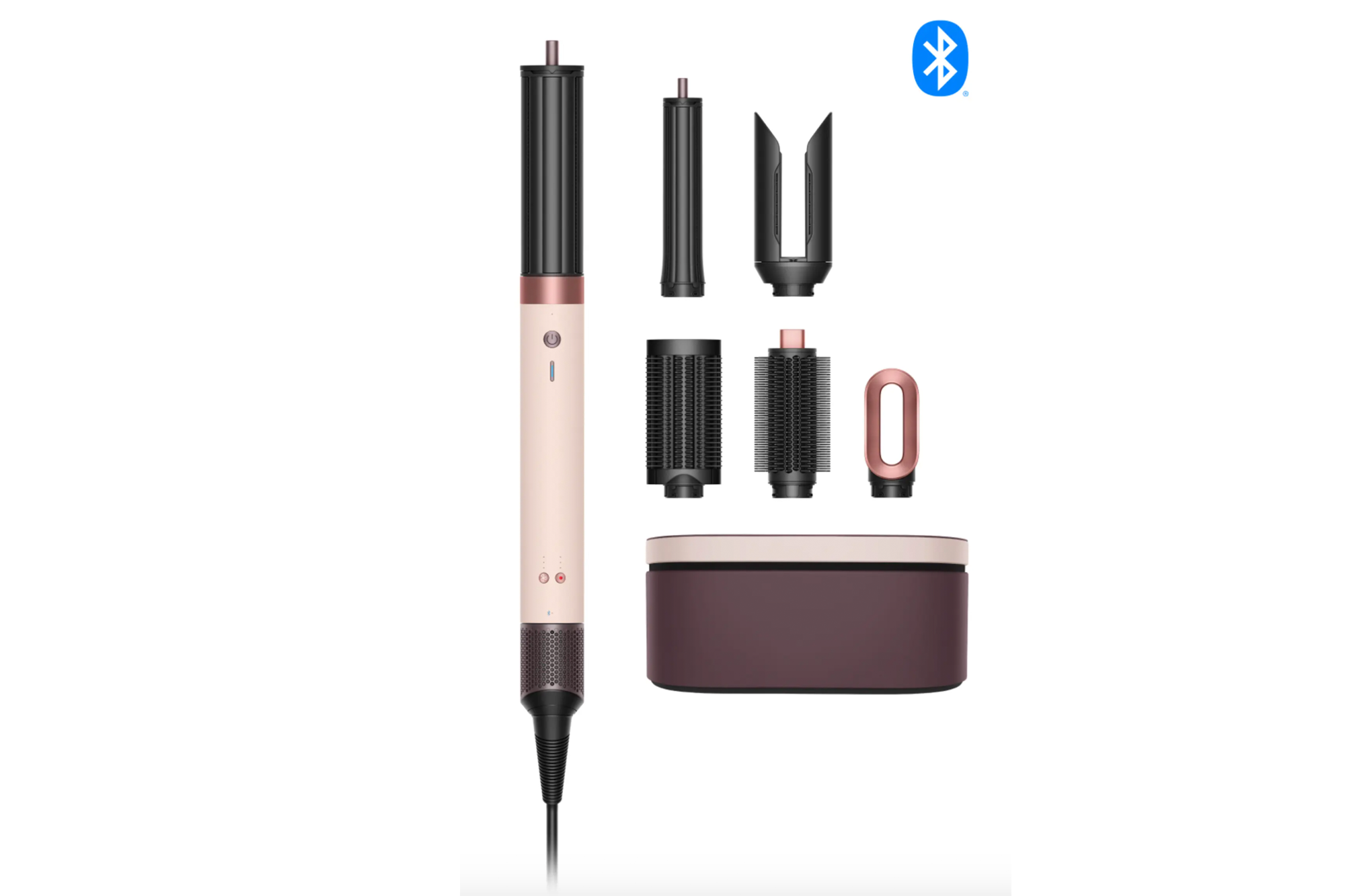 Illustration of a light pink and rose gold multi-styler hair tool with several attachments and a storage case.
